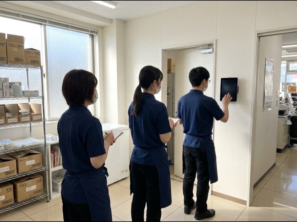 出勤時にスマイルくん® を全スタッフが順番に使う様子
