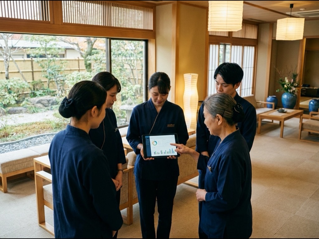 朝礼でダッシュボードを共有するホテルスタッフ