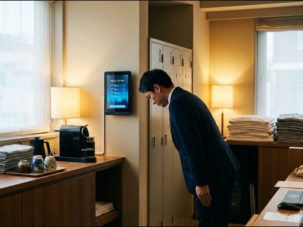 ホテルの朝礼前に端末を使うフロントスタッフ
