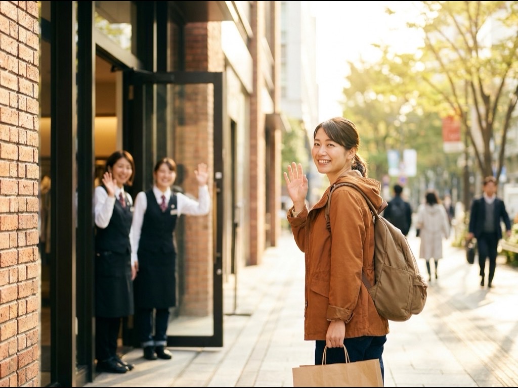 満足して退店するお客様と笑顔のスタッフ