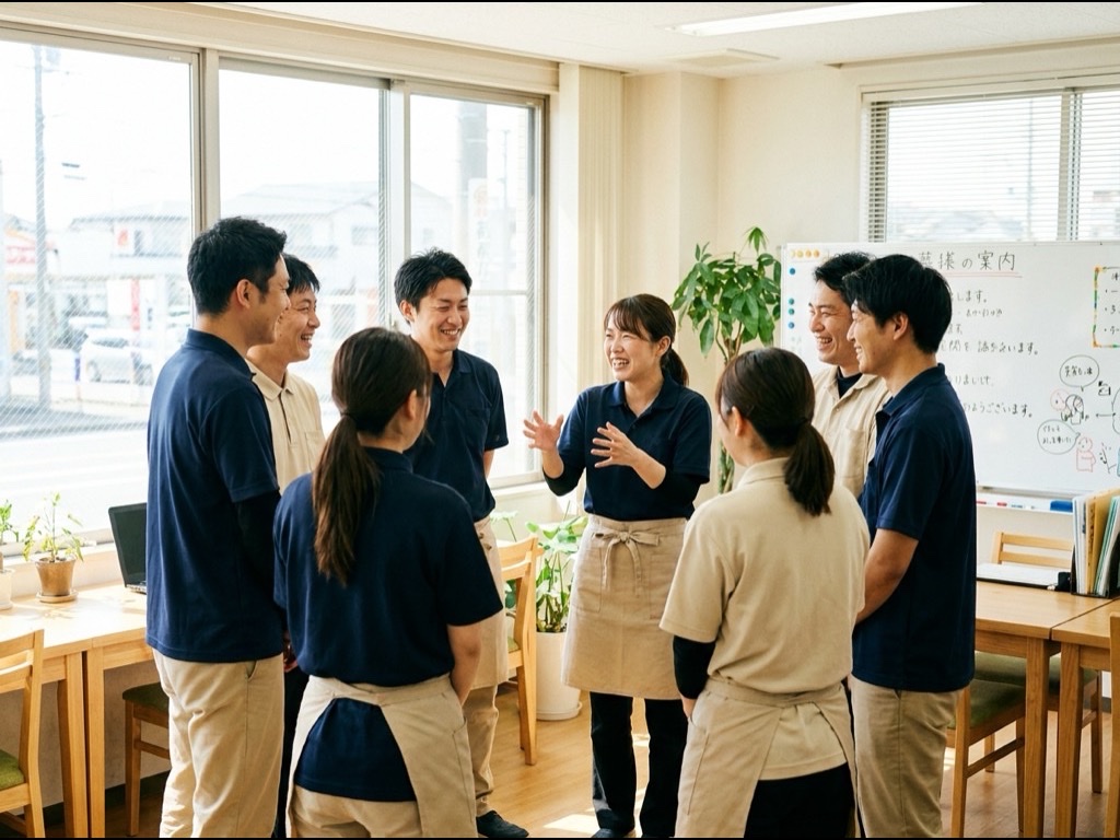 朝礼で結束する店舗チーム