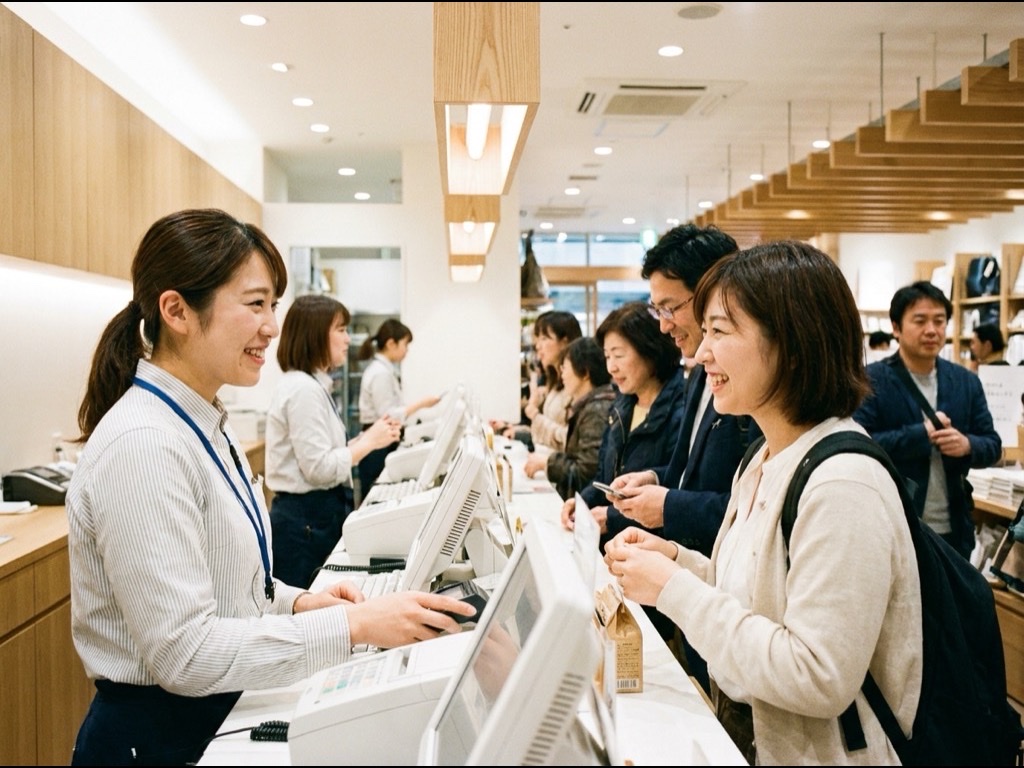 賑わうレジ周りと笑顔の接客